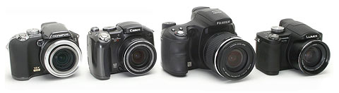 Слева направо - Olympus SP-550UZ, Canon S3  IS, Fujifilm S6000 и Panasonic Lumix FZ7